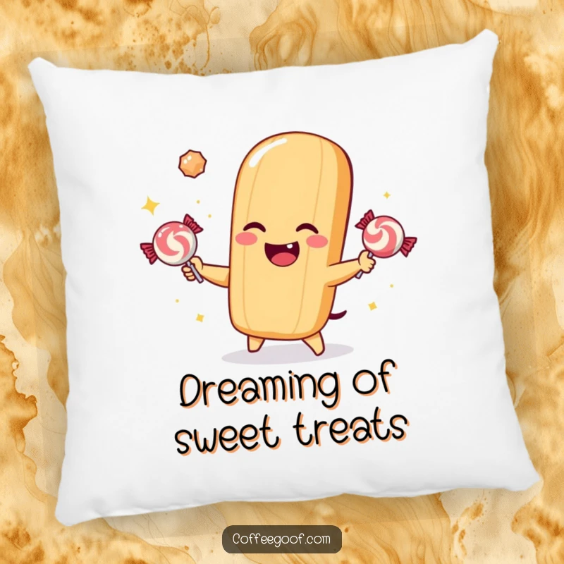 Funny pillow showing a winking baguette character juggling sparkling candies, full of playful charm.