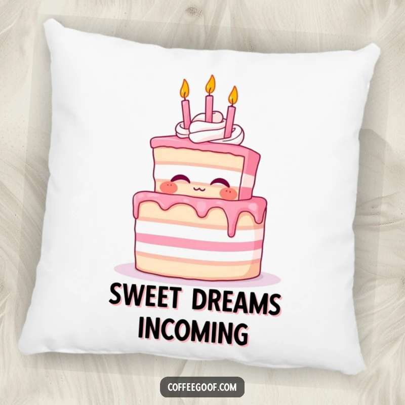 Funny Cake Pillow featuring a proud cake character blowing out small whimsical birthday candles, providing comfort and humor.