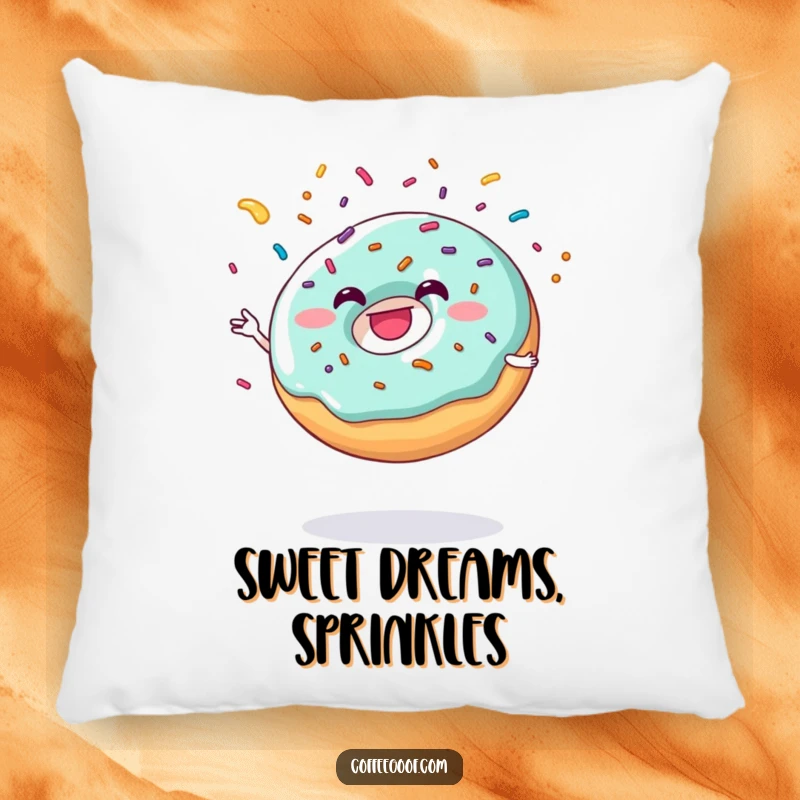 Funny grinning donut juggling colorful sprinkles, printed on a soft, decorative pillow for comfort.
