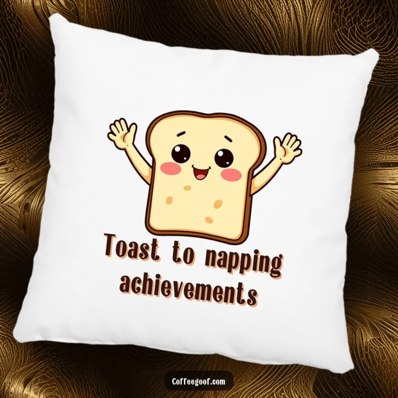 Funny piece of toast character with arms enthusiastically waving, printed on a soft, decorative pillow.