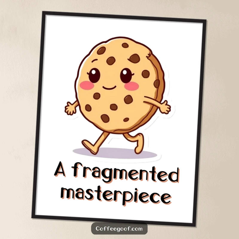 Funny Digital Art Print: A sentient cookie character performs a silly walk, crumbling slightly, bringing humorous and quirky art to any space.