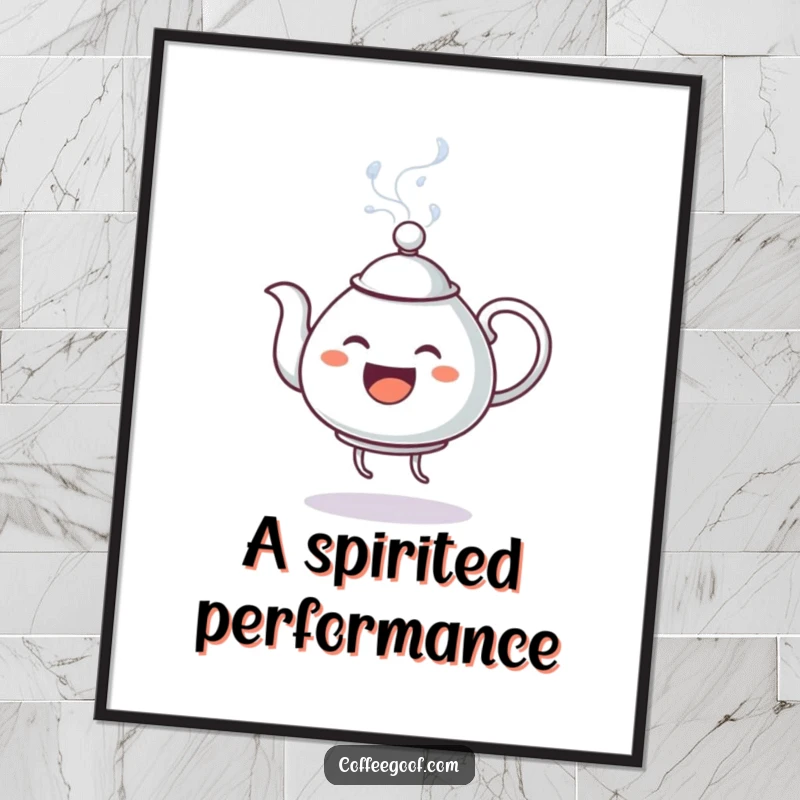 Funny Digital Art Print: An anthropomorphic teapot joyfully dances, spouting steaming water, a humorous and lively piece for digital display or printing.