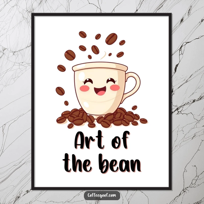 Funny coffee digital art print of a smiling cup juggling animated coffee beans, embodying energy and coffee obsession.