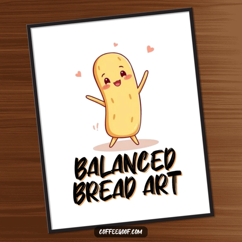 Funny Baguette Digital Art Print of a smiling anthropomorphic baguette balancing playfully, ideal for instant wall decor.