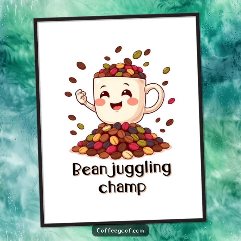 Funny Coffee Mug character in a joyful juggling act with colorful coffee beans, presented as a high-quality digital art print.