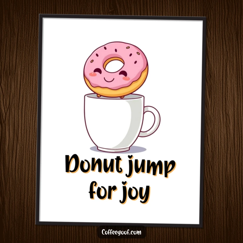 Funny digital art print of a smiling donut leaping over a steaming mug, capturing a moment of breakfast joy and whimsy.