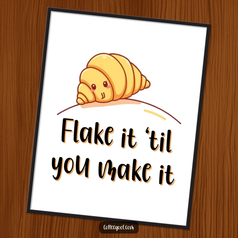 Funny Croissant Digital Art Print: Cheerful croissant character rolling down a gentle hill, perfect vibrant art for foodies.