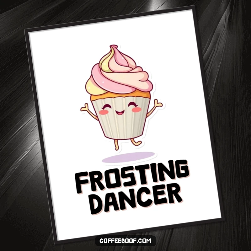 Funny, cheerful cupcake character dancing with a frosting swirl, offered as a high-quality, instantly downloadable art print.