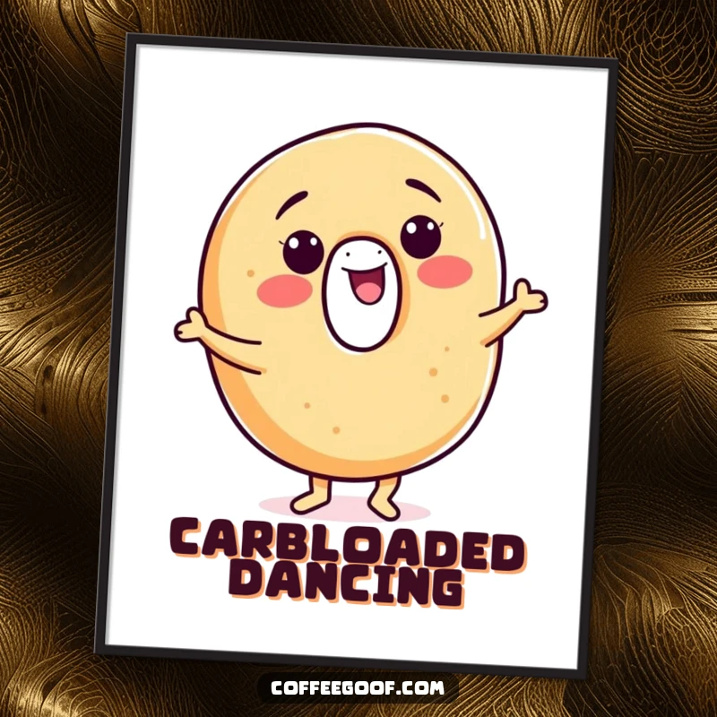 Funny bagel digital art print, a smiling character performing a lively jig, perfect for adding whimsical decor.