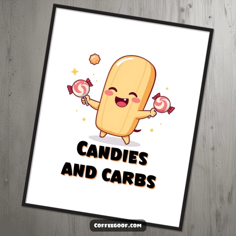 Funny digital art print of a winking baguette character juggling three sparkling candies with a playful demeanor.