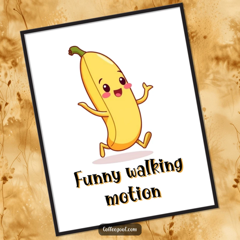 Funny digital art print of a cheerful banana peel captured mid-silly walk, radiating pure, infectious comedic energy.