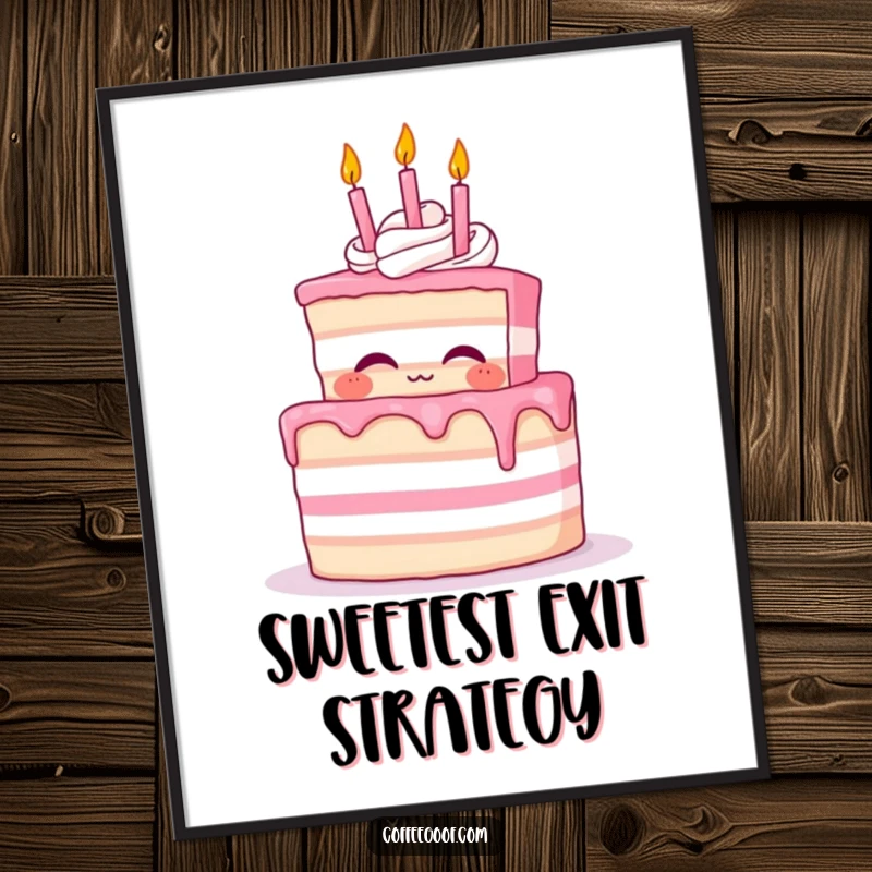 Funny Cake Digital Art Print of a proud cake character blowing out tiny whimsical birthday candles, perfect for instant decor.