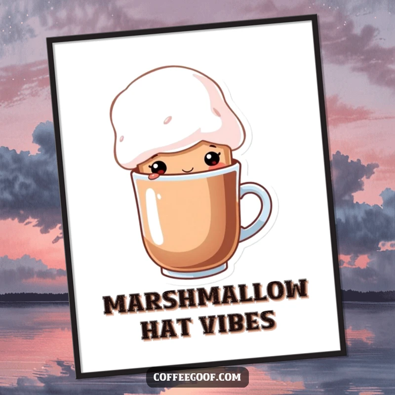 Funny cup of cocoa character wearing a whimsical marshmallow hat, as a high-resolution digital art print, showcasing cozy cartoon charm
