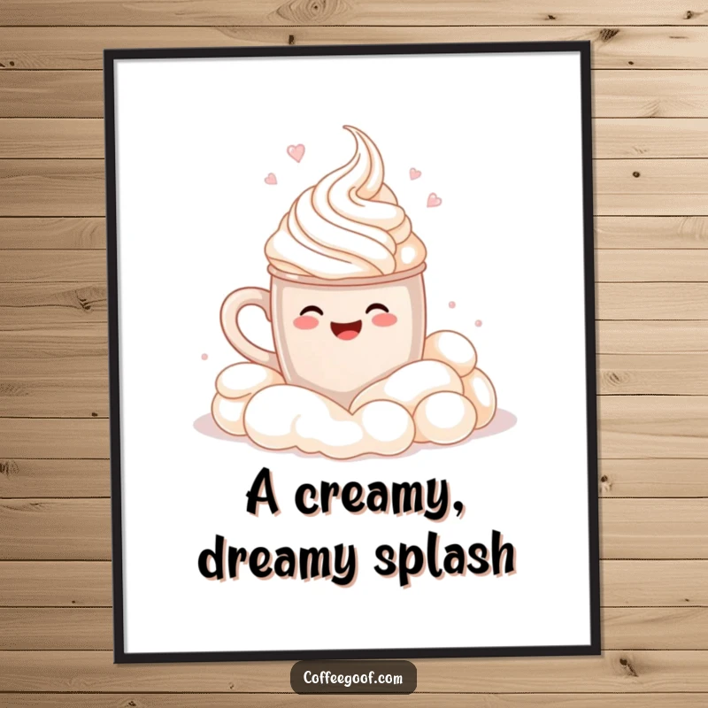 Funny Digital Art Print: A smiling cocoa mug joyfully cannonballs into whipped cream, bringing humorous and delightful art to any space.