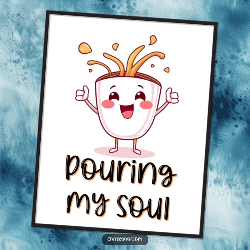 Funny digital art download of a jubilant coffee cup character artistically spilling steaming latte art, a lively and humorous decor piece.