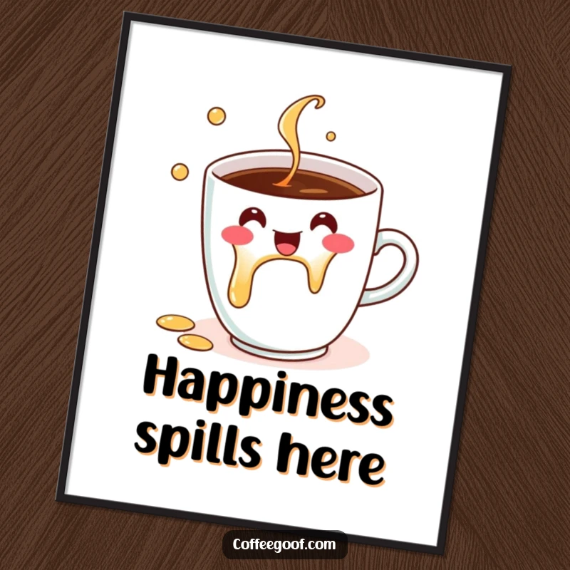 Funny Digital Art Print of a cheerful coffee cup character spilling joyfully, adding a humorous and uplifting touch to any space as a gift.