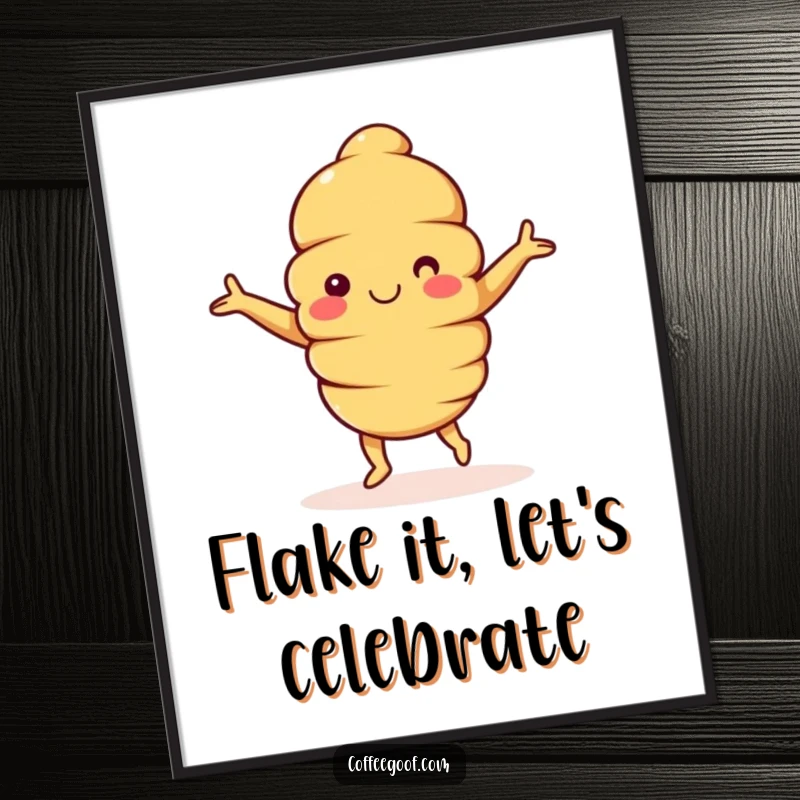 Funny Croissant Digital Art Print: A happy croissant character with arms outstretched, dancing with joy, bringing cheerful vibes to any display.