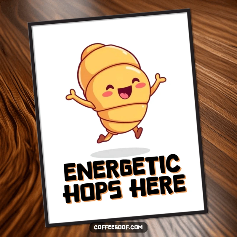 Funny Digital Art Print of a joyful croissant character hopping energetically, adding whimsical pastry humor and charm to decor as a funny gift.