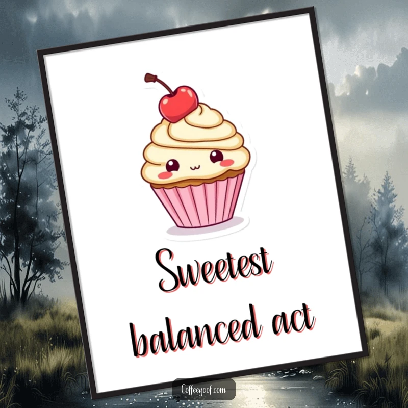 Funny Digital Art: A whimsical cupcake character balances a cherry on its head, radiating playful sweetness and charming delight.