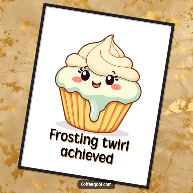 Funny cupcake digital art print of a happy cupcake with melting frosting dancing joyfully, bringing sweet, humorous delight.