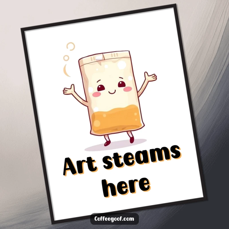 Funny Teabag Digital Art Print of a jubilant anthropomorphic teabag performing a steamy dance, perfect for instant wall decor.