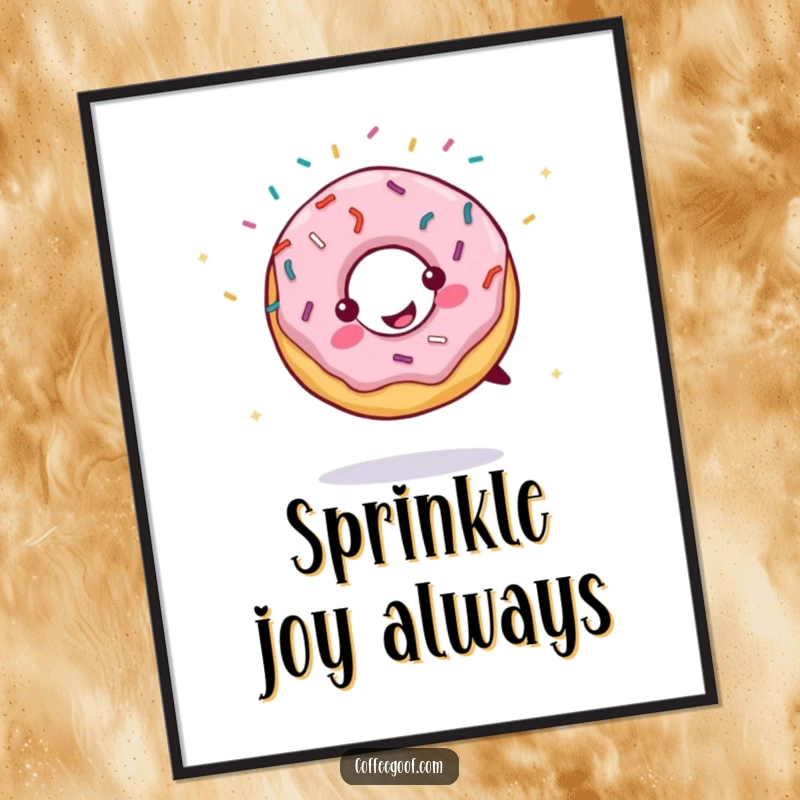 Funny digital art print of a smiling donut doing a cartwheel, sprinkles flying. Instant download for humorous and sweet wall decor.