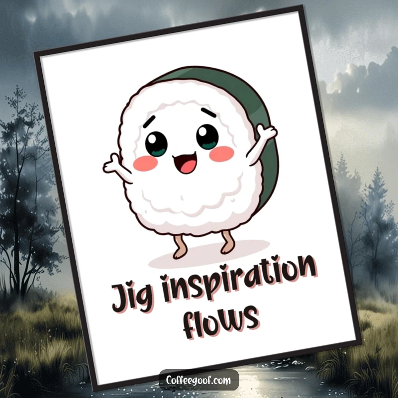 Funny digital art print of a happy sushi piece energetically dancing a jig. Instant download for humorous and vibrant wall decor.