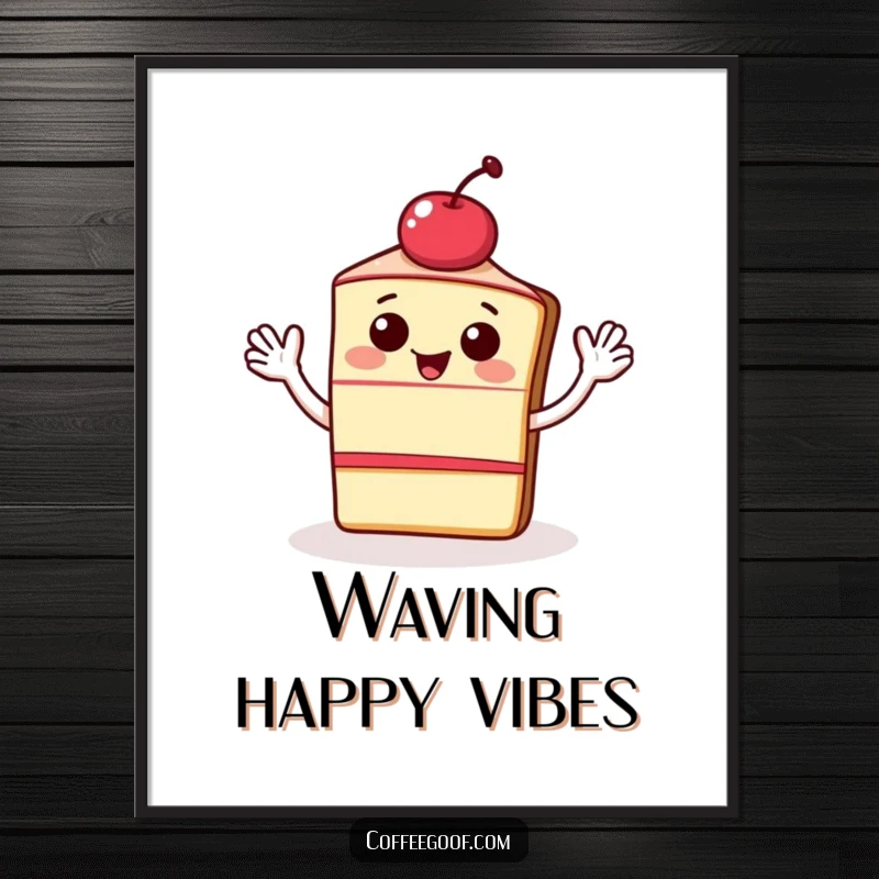 Funny digital art print of a happy slice of cake with a cherry, waving energetically. Instant download for humorous and sweet wall decor.