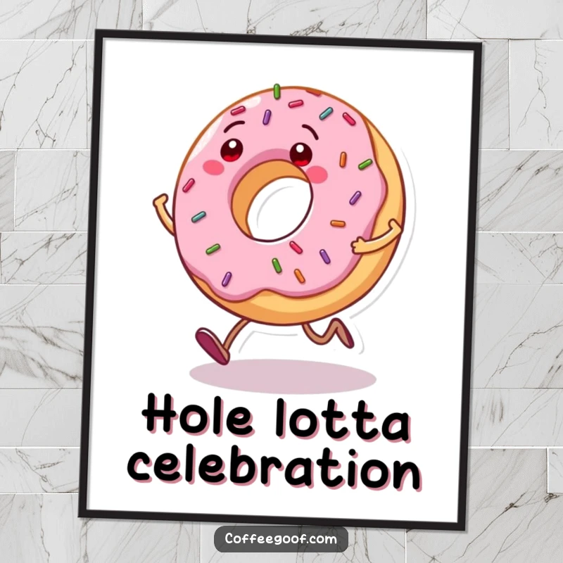 Funny Donut Digital Art Print: A grinning donut character with sprinkles bouncing as it hops, bringing sweet, comedic vibes to any display.