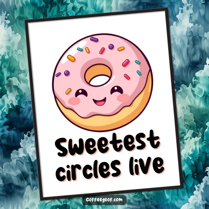Funny digital art print of a smiling donut character with vibrant, bouncing sprinkles, perfect for a cheerful and appetizing display.