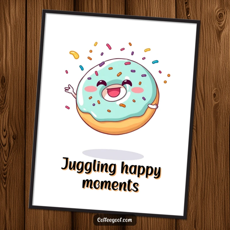 Funny donut character grinning while juggling sprinkles, available as a high-resolution digital art print.