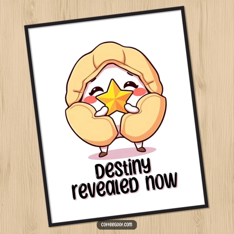 Funny digital art print of a grinning fortune cookie cracking open to reveal a golden star, a humorous and lucky decorative piece.