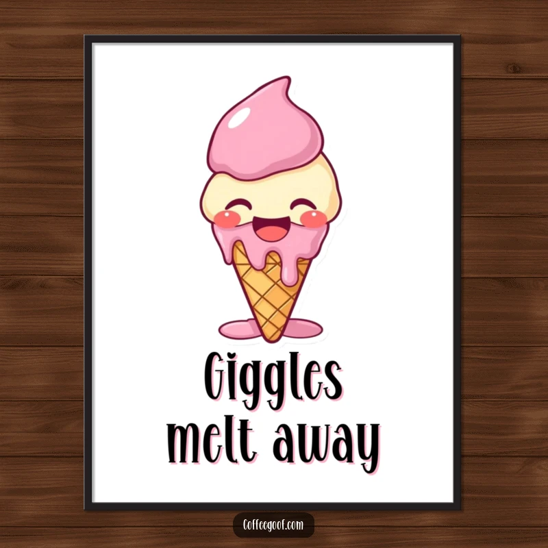 Funny giggling ice cream cone digital art print, melting with laughter, perfect for adding a sweet and humorous touch to digital displays.