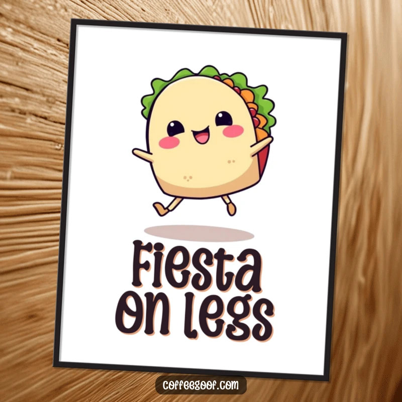 Funny digital art print of a smiling taco with legs dancing a lively jig, embodying pure happiness and the festive spirit of Mexican food, instantly downloadable.