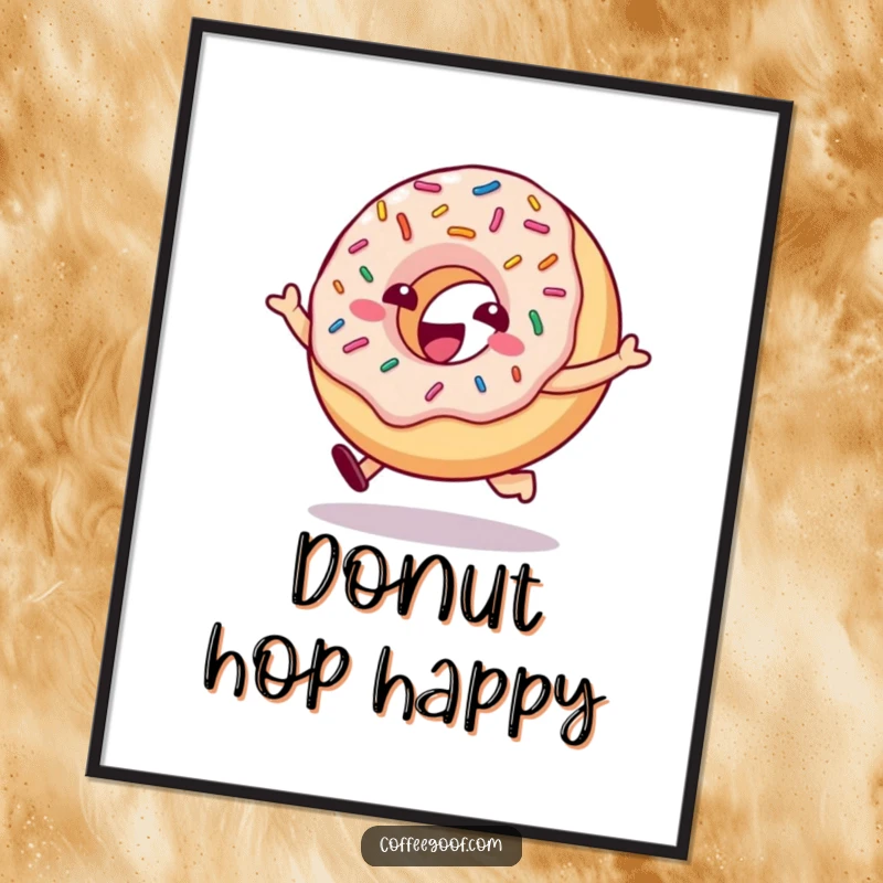 Funny donut character with bouncing sprinkles captured mid-hop, offered as a high-quality, instantly downloadable art print.