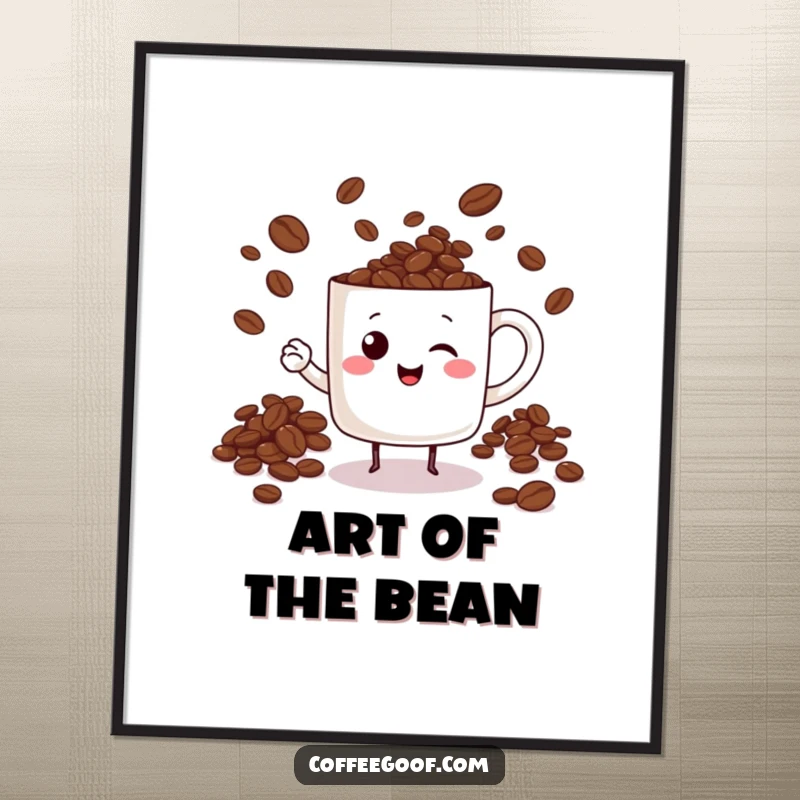 Funny cheerful mug character juggling coffee beans, creating a vibrant and humorous coffee-themed digital art print.
