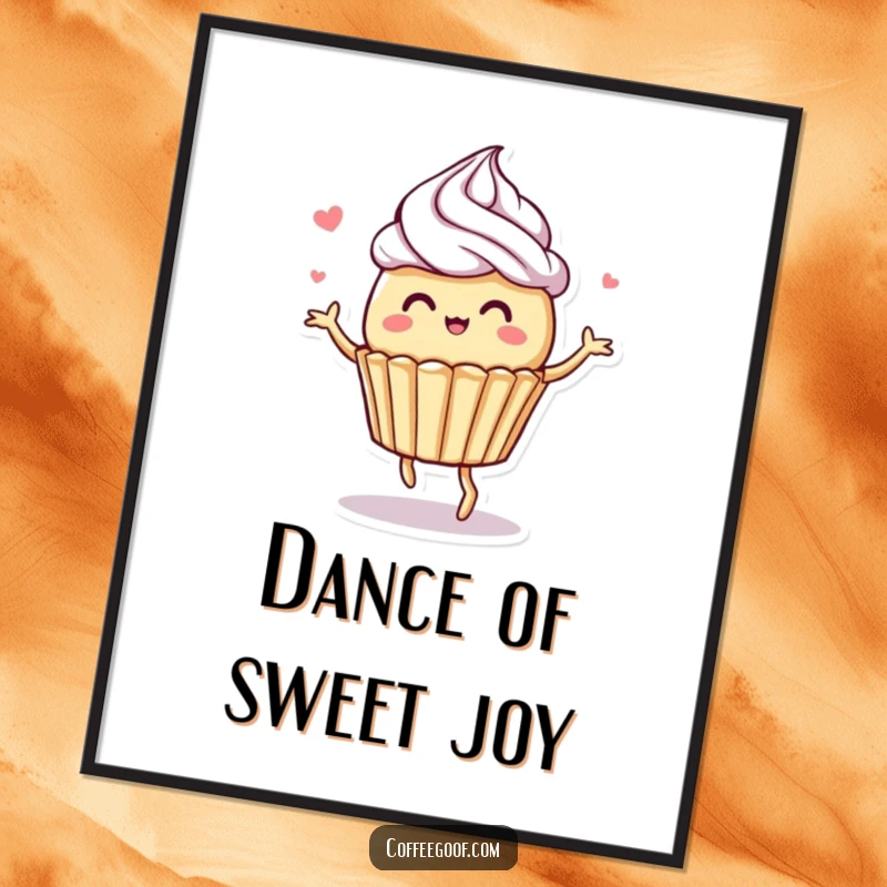 Funny digital art print of a whimsical muffin character dancing with decorative frosting swirls, perfect for a cheerful and artistic display.