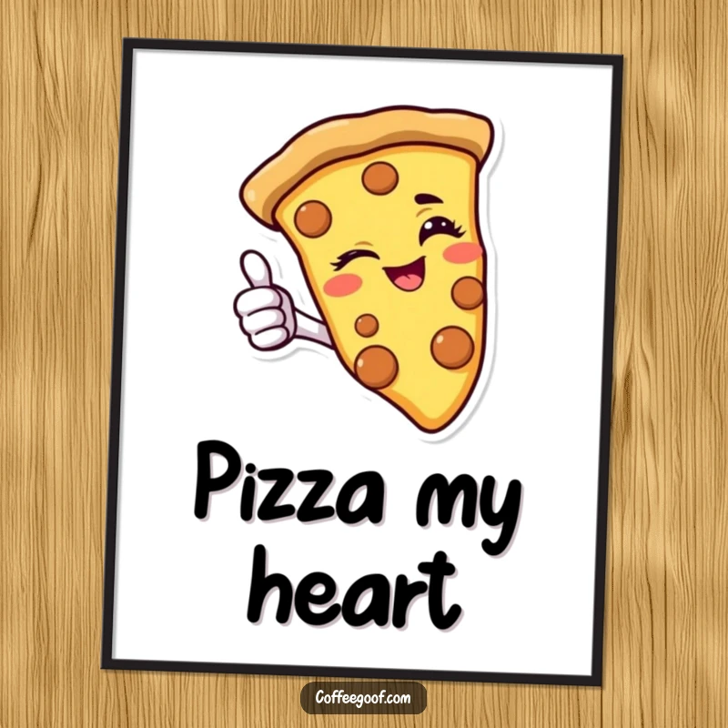 Funny pizza digital art print of a winking slice giving a thumbs-up, ready to add a burst of cheesy humor to your space.