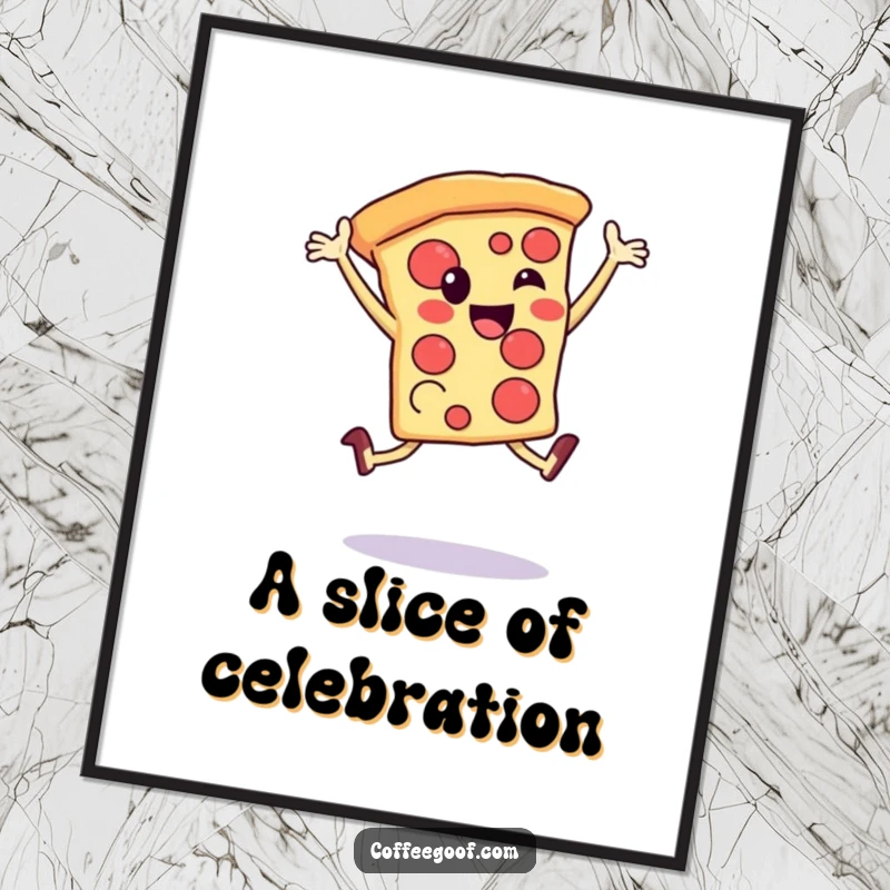 Funny Digital Art Print: A happy pizza slice joyfully leaps, bringing a humorous and energetic vibe to digital or printed artwork.