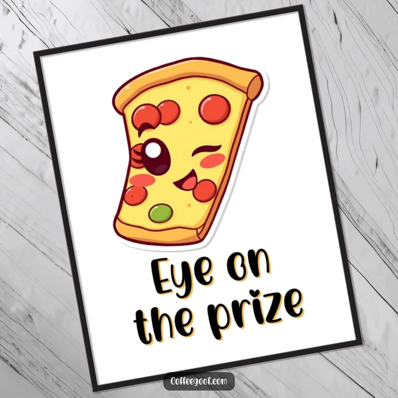 Funny pizza digital art print of a slice winking with a pepperoni eye, bringing playful, humorous food-themed joy.