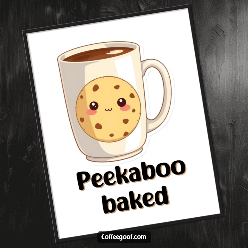 Funny digital art featuring a shy cookie peeking from behind a giant coffee mug, a sweet and downloadable piece of art.