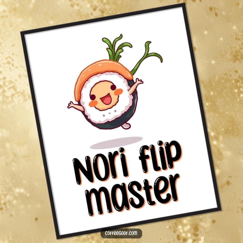 Funny Sushi Digital Art Print: A sushi roll character performing a cartwheel with a seaweed flourish, embodying culinary delight.