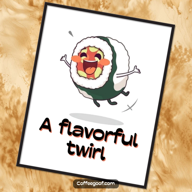 Funny Sushi Roll Digital Art Print: Excited sushi roll character in a wobbly spin, perfect vibrant art for foodies.
