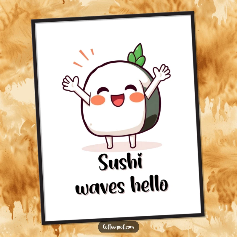 Funny Sushi Digital Art Print of a smiling anthropomorphic sushi piece performing a happy wave, ideal for instant wall decor.