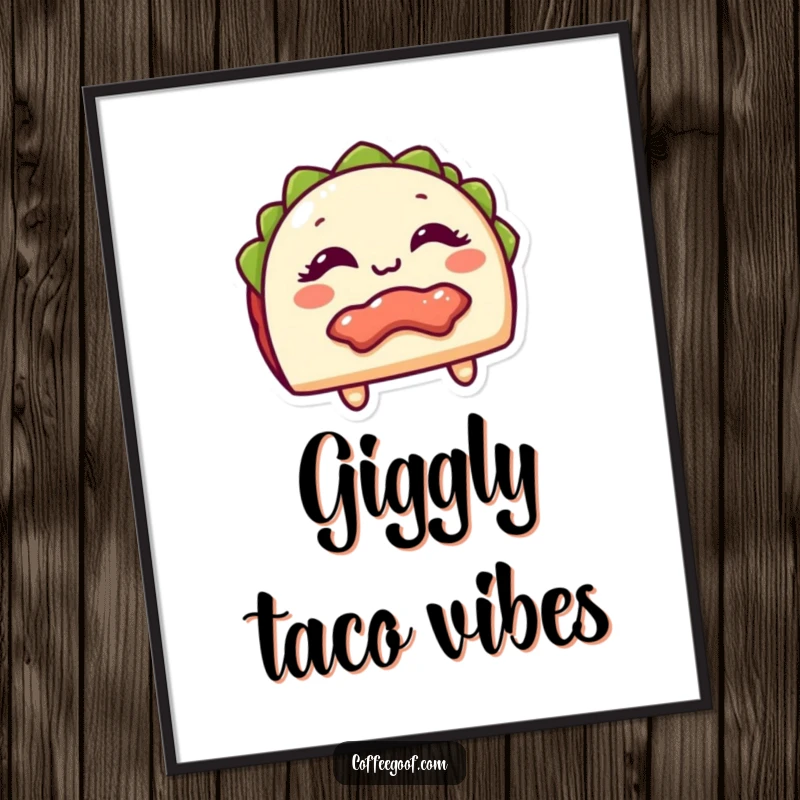 Funny Digital Art Print of a giggling taco with its filling peeking out, adding festive food humor and charm to decor as a funny gift.