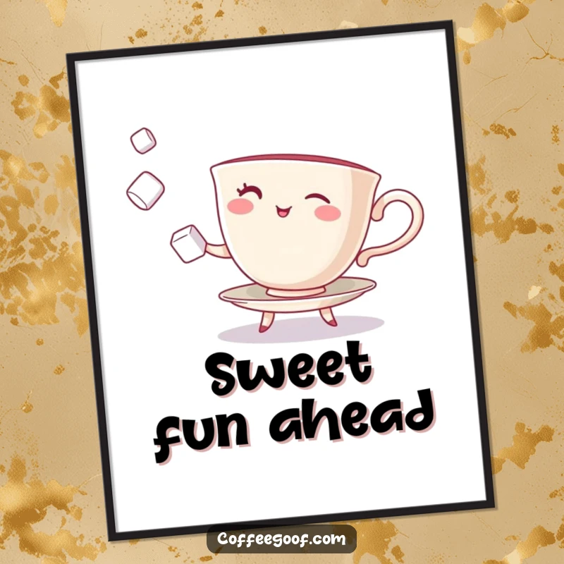 Funny Teacup Digital Art Print of a winking character juggling sugar cubes, ready to be printed.