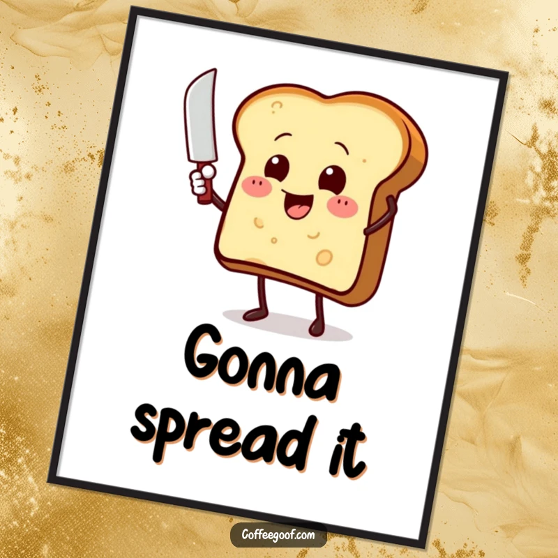 Funny toast character with a butter knife, waving enthusiastically, as a high-resolution digital art print, showcasing cartoon humor