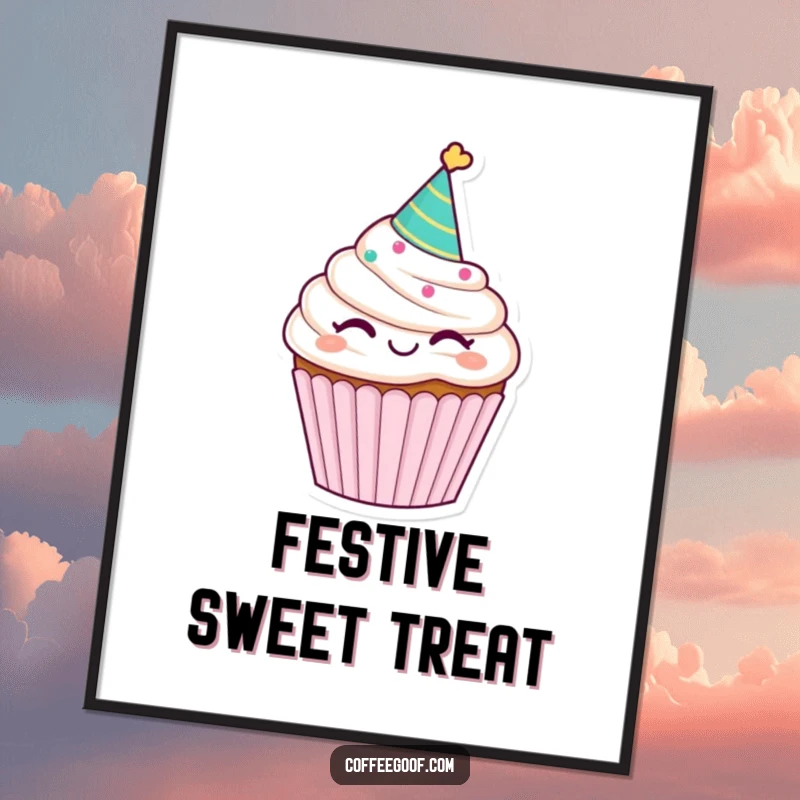 Funny winking cupcake digital art print, wearing a party hat, exuding a sweet and celebratory mood for digital displays.