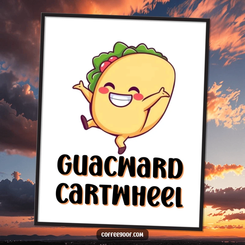 Funny taco digital art print, a grinning character performing a cartwheel, perfect for adding vibrant and festive decor.