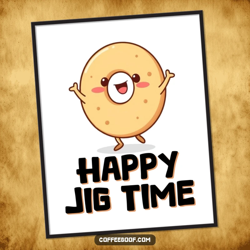 Funny Bagel Digital Art Print of a happy bagel character doing a jig, ready to be printed.